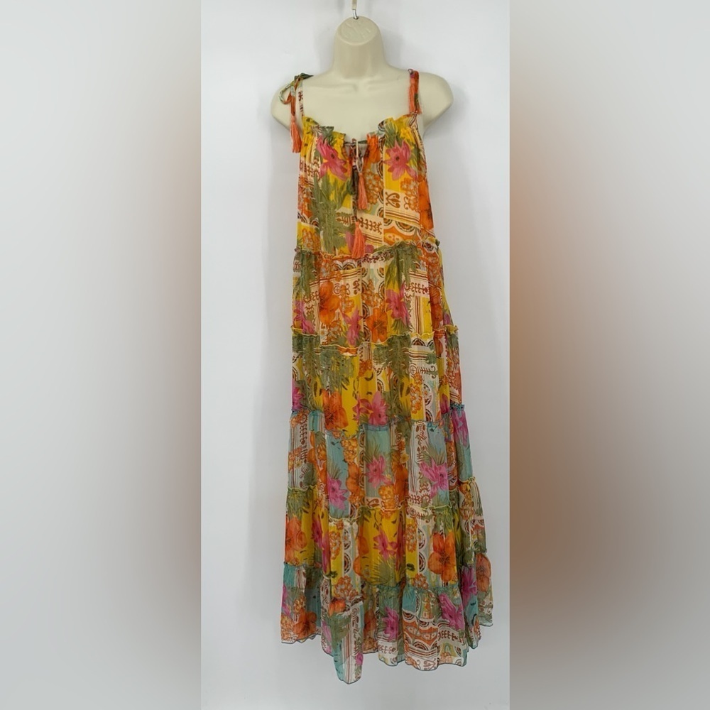 America & Beyond Boho blissful tiered maxi dress a-line chiffon gold lurex new S